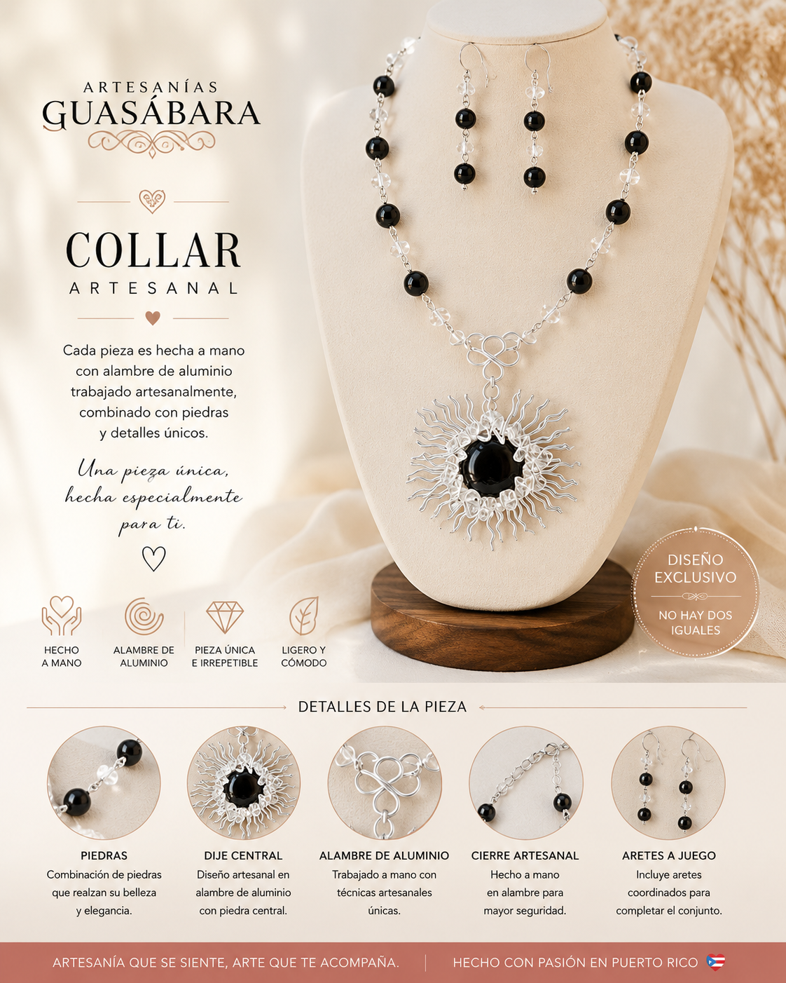 Collar Artesanal de Obsidiana y Cuarzo Cristal con Aretes