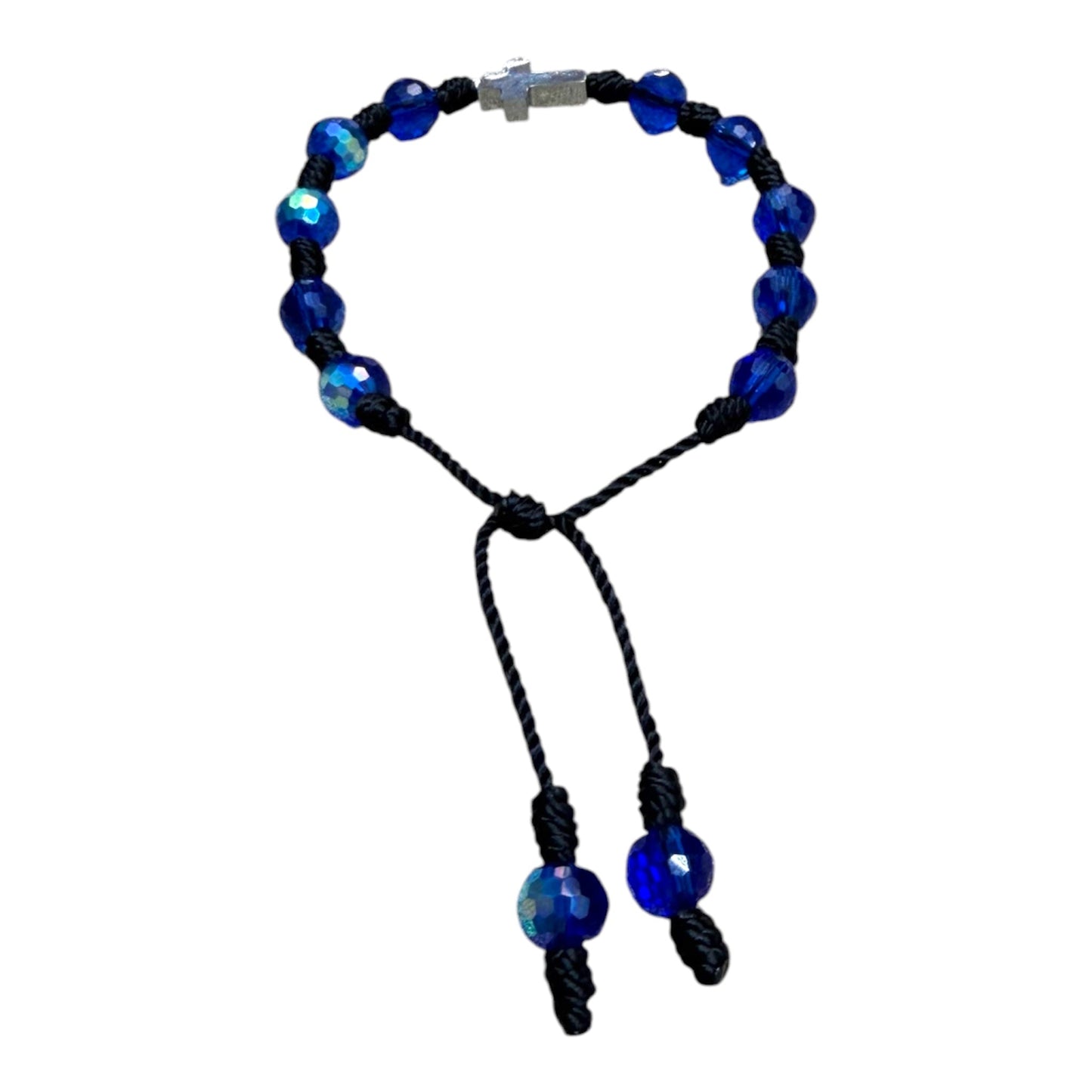 Pulsera Cristal Checo Azul con Cruz de Acero Inoxidable