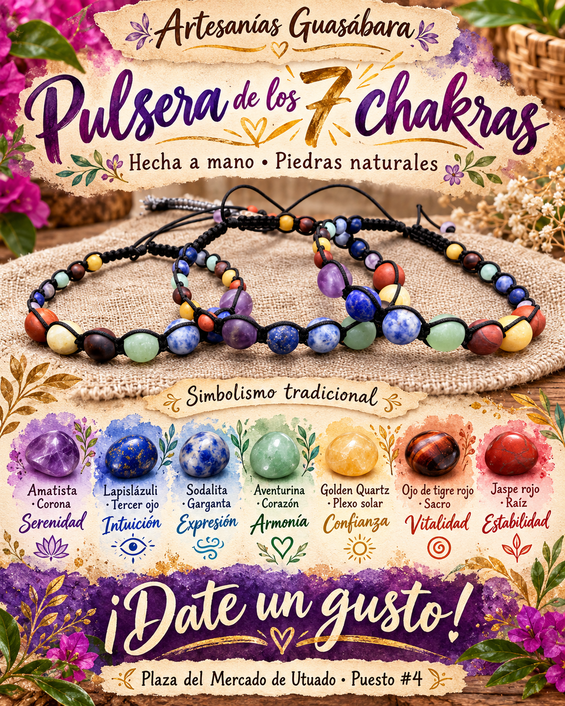 Pulsera multicolor de los 7 chakras sobre tela beige