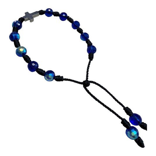 Pulsera Cristal Checo Azul con Cruz de Acero Inoxidable