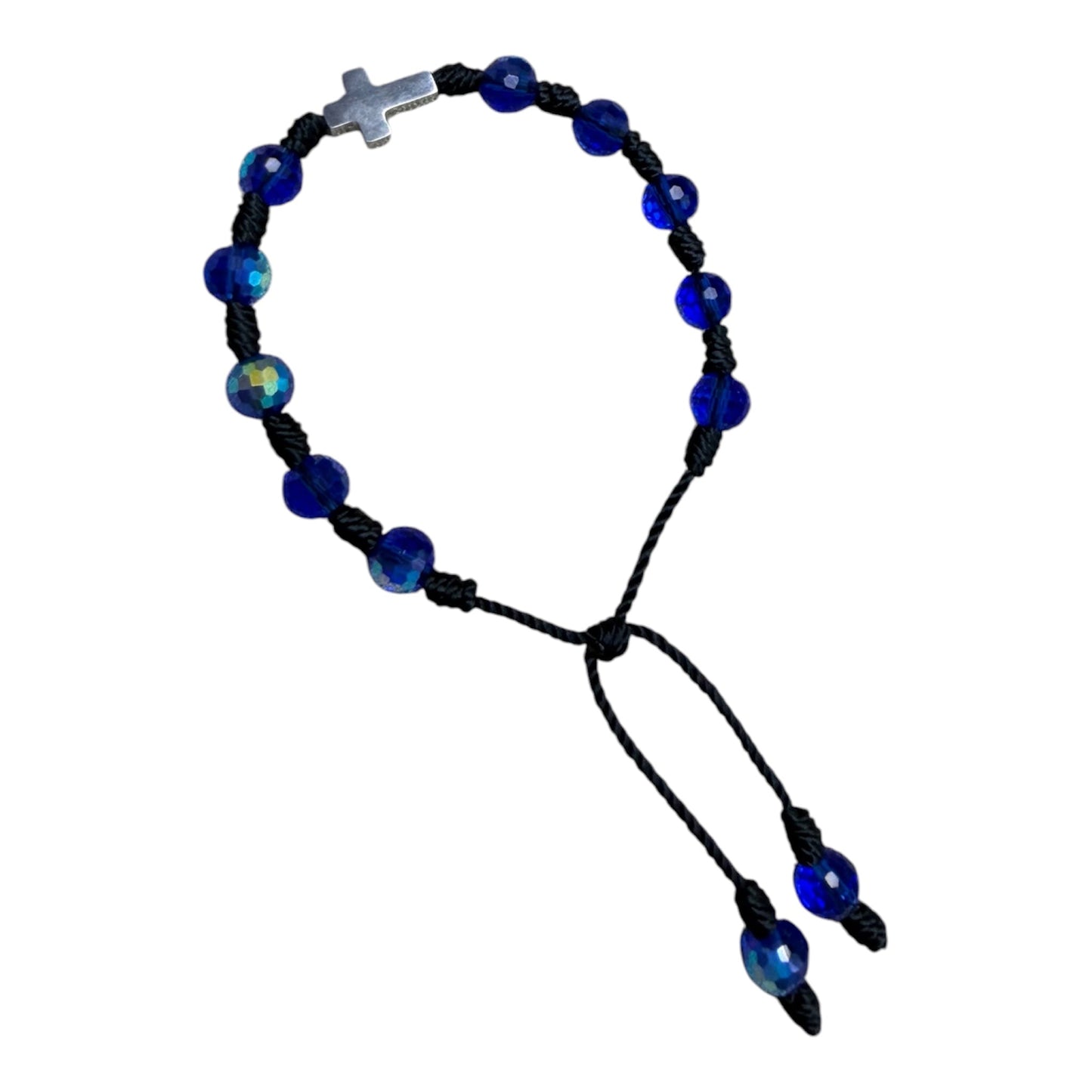 Pulsera Cristal Checo Azul con Cruz de Acero Inoxidable